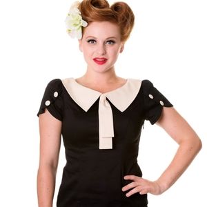 EUC Banned Apparel Fitted Wide Contrast Collar Retro Pinup Rockabilly Top, XL
